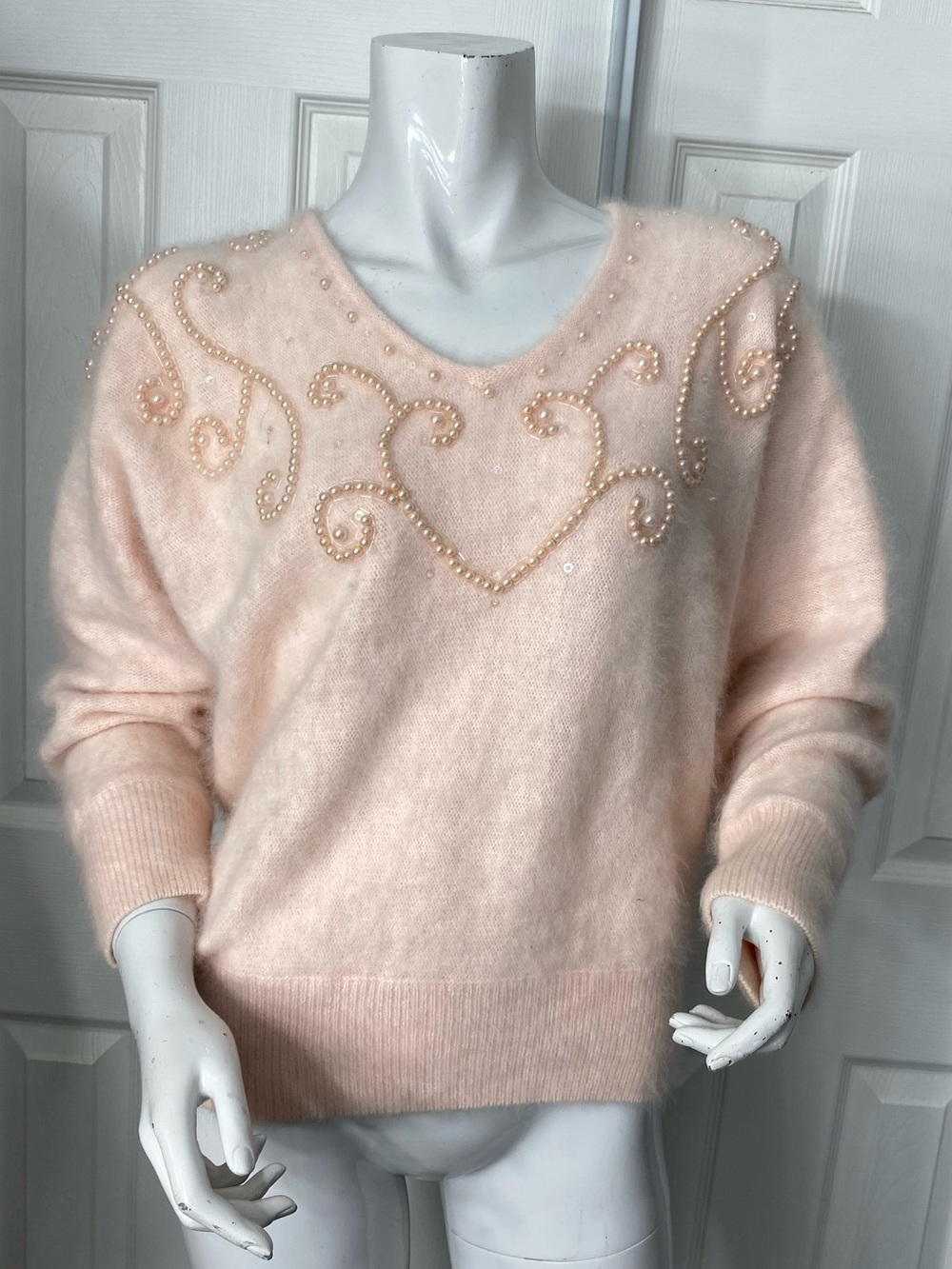‼️Angora Essentials Light Pink Pearl-Accent Scoop Neck Sweater